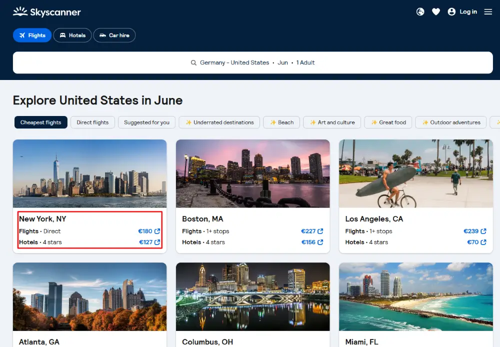 Ausschnitt der günstigste Flugangebote von Deutschland in die USA bei Skyscanner im Juni 2025