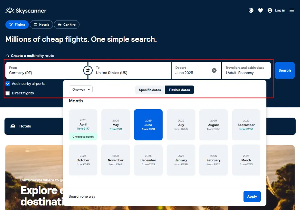 Buchmaske für einen Flug von Deutschland nach USA im Juni 2025 bei Skyscanner