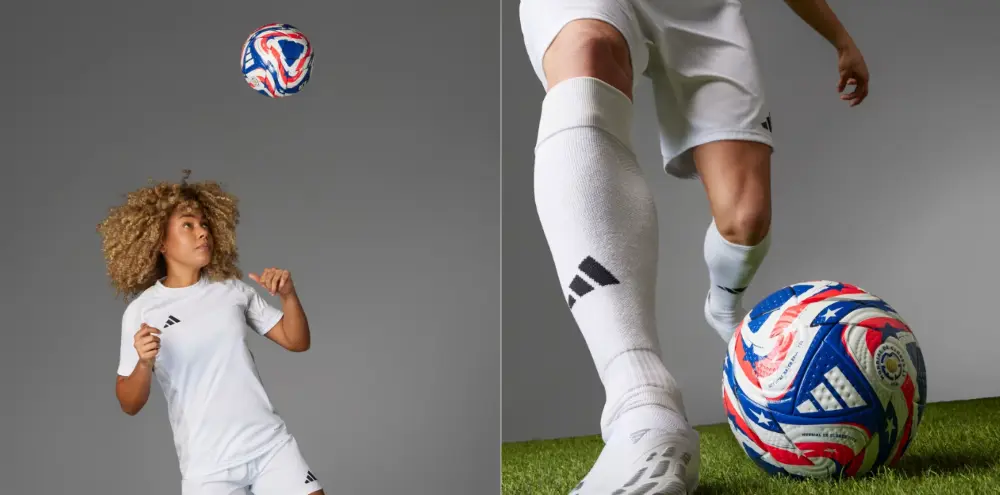 Zwei Personen, die den Klub WM Ball 2025 mit dem Kopf bzw. Fuß spielen