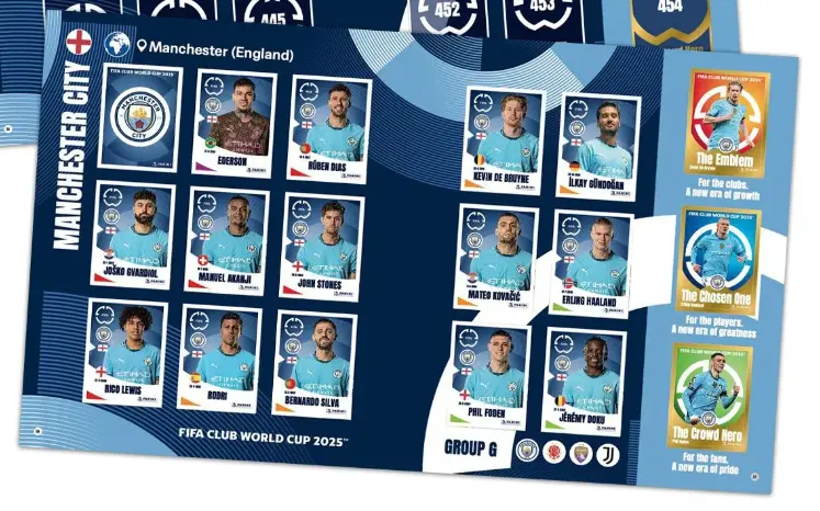 Doppelseite von Manchester City im Klub WM 2025 Sammelalbum