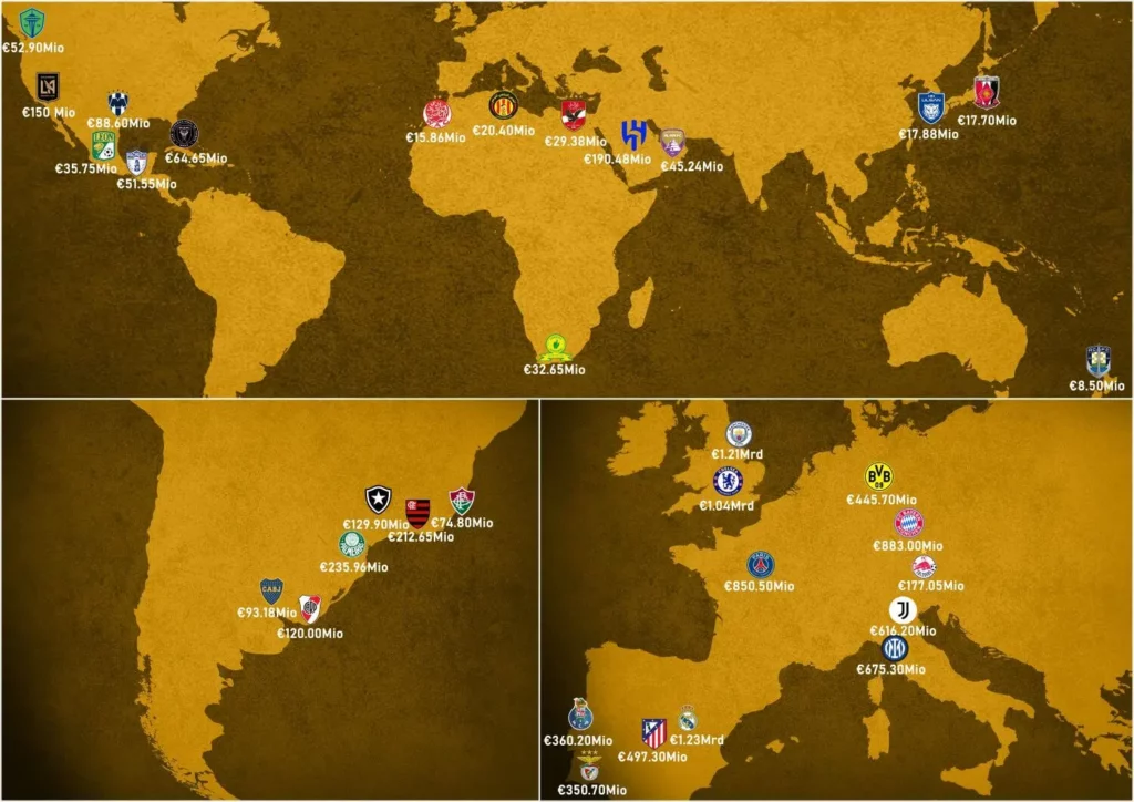 Weltkarte der Teams bei der Klub Weltmeisterschaft 2025 USA