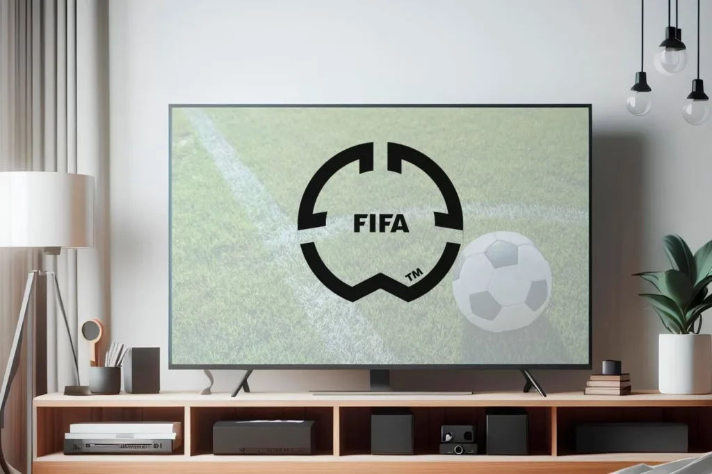 Fußball und Zeichen der FIFA auf einem Fernsehbildschirm