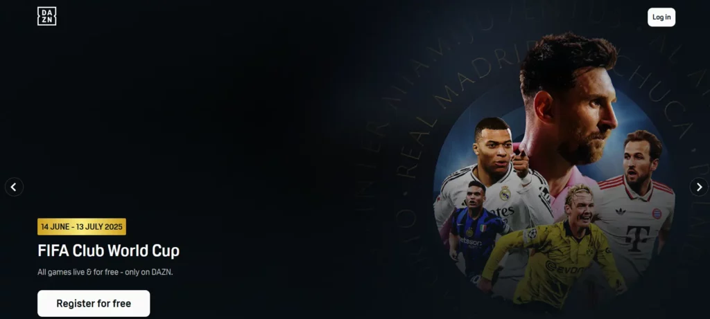 DAZN-Website zur Registrierung für den Klub WM Live Stream mit Fotos von Lionel Messi, Kylian Mbappé und weiterer Top-Fußballer