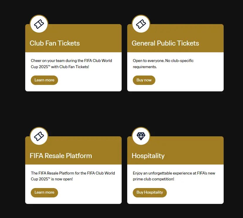 4 Kategorien von Klub WM Tickets auf der FIFA-Website