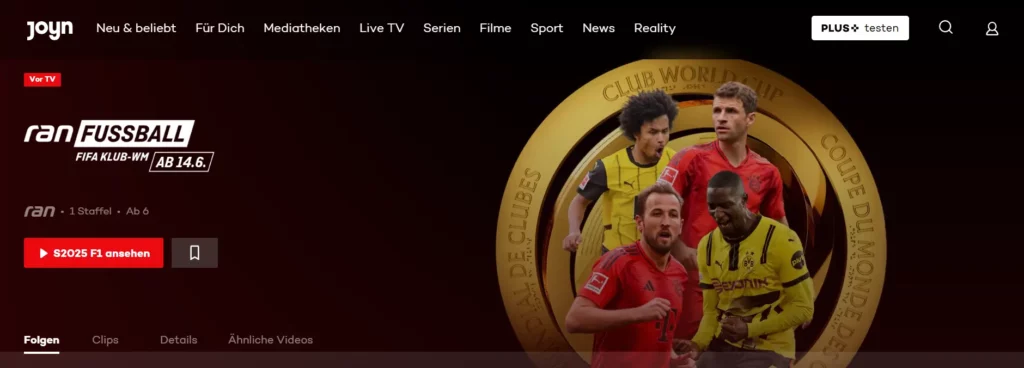 Joyn-Website zur Registrierung für den Klub WM Live Stream mit Fotos von Harry Kane, Karim Adeyemi und weiteren Fußballstars