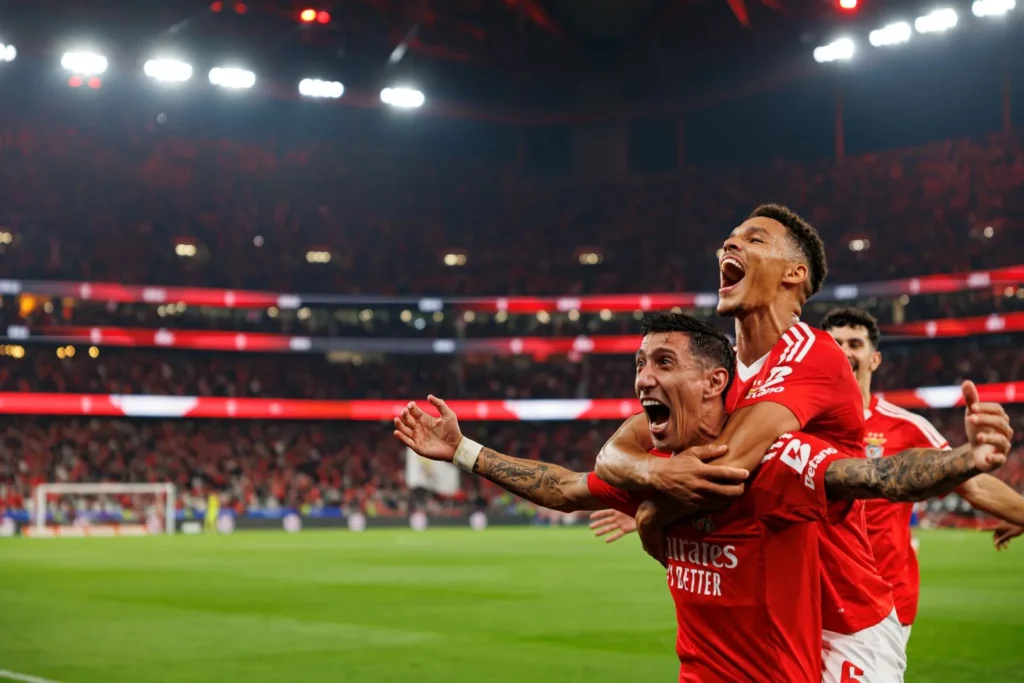 Angel di María jubelt zusammen mit einem Mitspieler, der auf dessen Rücken gesprungen ist, über ein Tor